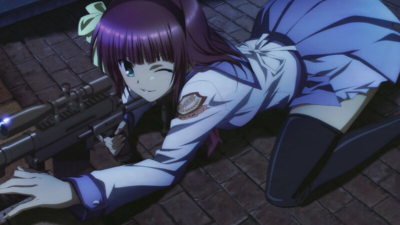 Anime Girl with Rifle — Purple, Dramatic, Night, School Uniform, Brick Floor, White