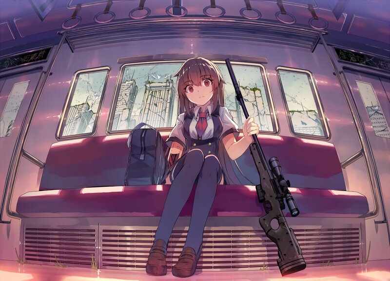 Anime Girl with Rifle — Purple, Dramatic, Sunset, Digital Art, Backpack