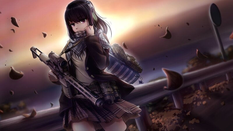 Anime Girl with Rifle — Purple, Dramatic, Sunset, Digital Art, Scarf