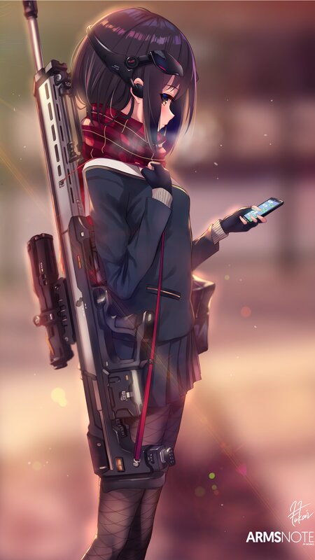 Anime Girl with Rifle — Purple, Dramatic, Sunset, Digital Art, Smartphone