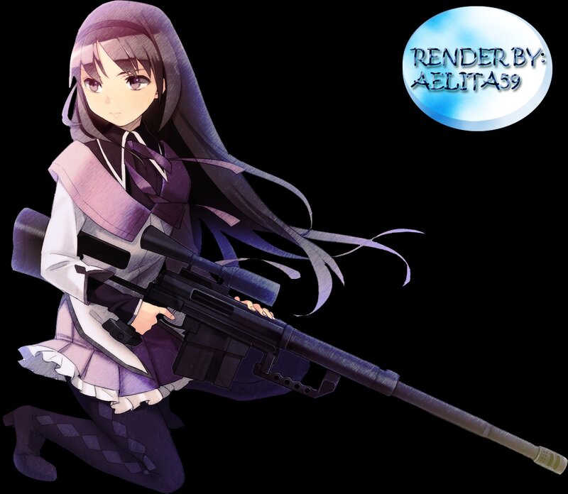 Anime Girl with Rifle — Purple, Serious, Digital Art