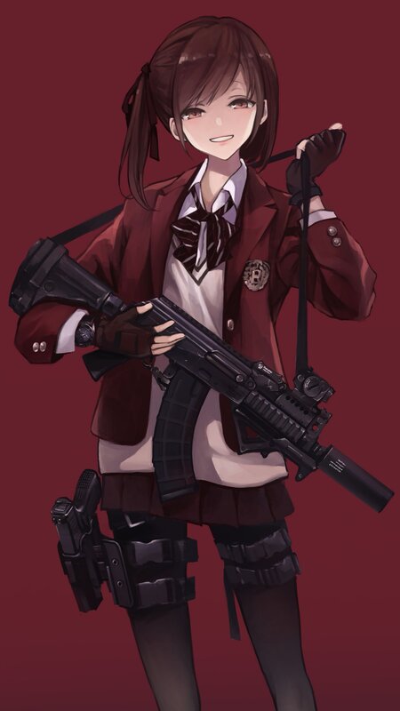 Anime Girl with Rifle — Red, Confident