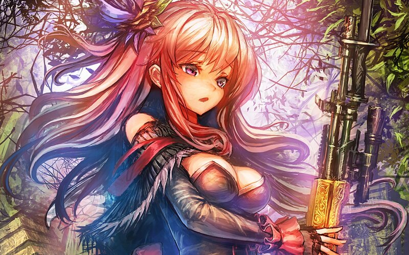 Anime Girl with Rifle — Red, Dramatic, Digital Art, Forest