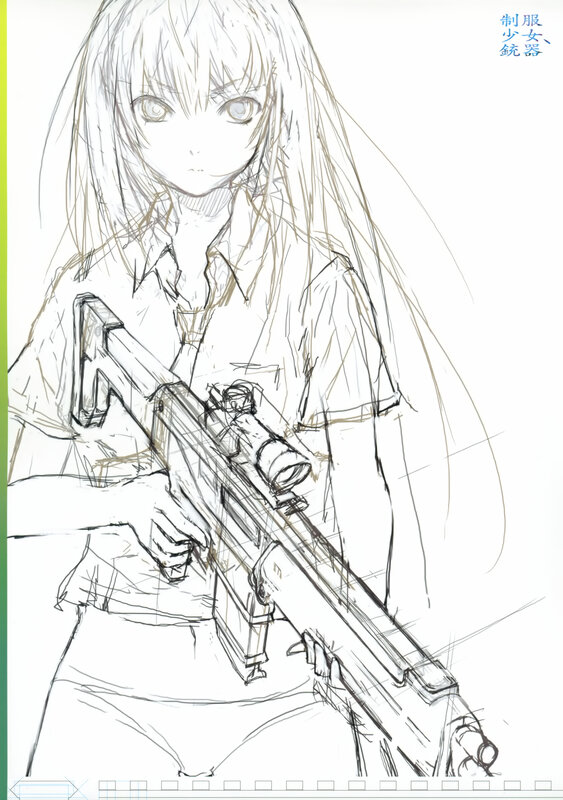 anime girl with rifle sketch