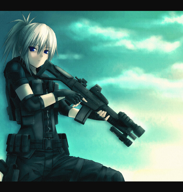 Anime Girl with Rifle — Teal, Dramatic, Tactical Gear