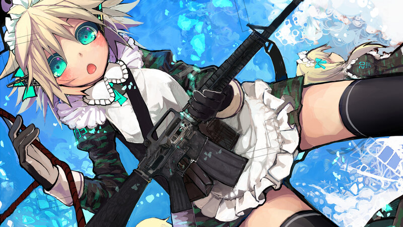 Anime girl with rifle underwater