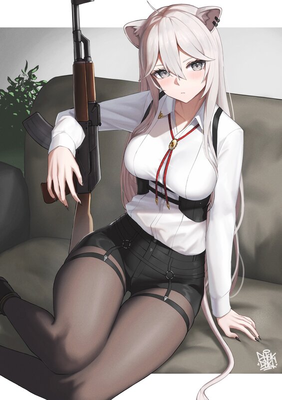 Anime Girl with Rifle — White, Calm, Digital Art, Cat Ears
