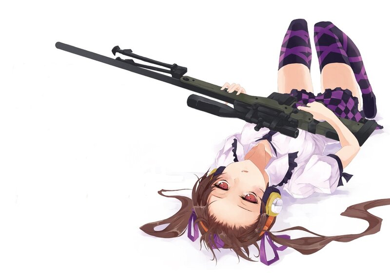 Anime Girl with Rifle — White, Calm, Headphones