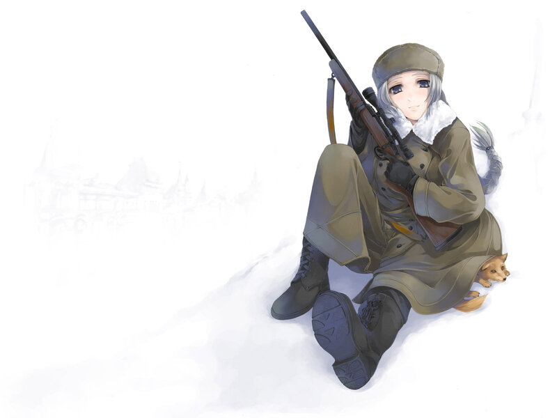 Anime Girl with Rifle — White, Calm, Winter
