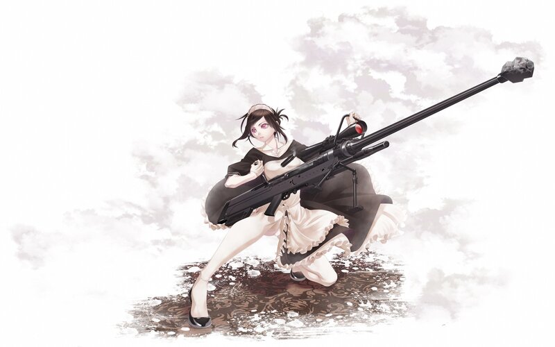 Anime Girl with Rifle — White, Dramatic, Digital Art, Dress