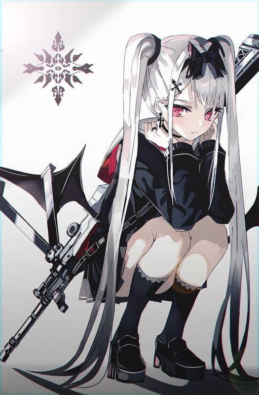Anime Girl with Rifle — White, Dramatic, Digital Art, Long Hair, School Uniform