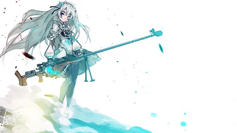 Anime Girl with Rifle — White, Dramatic, Digital Art, Long Hair