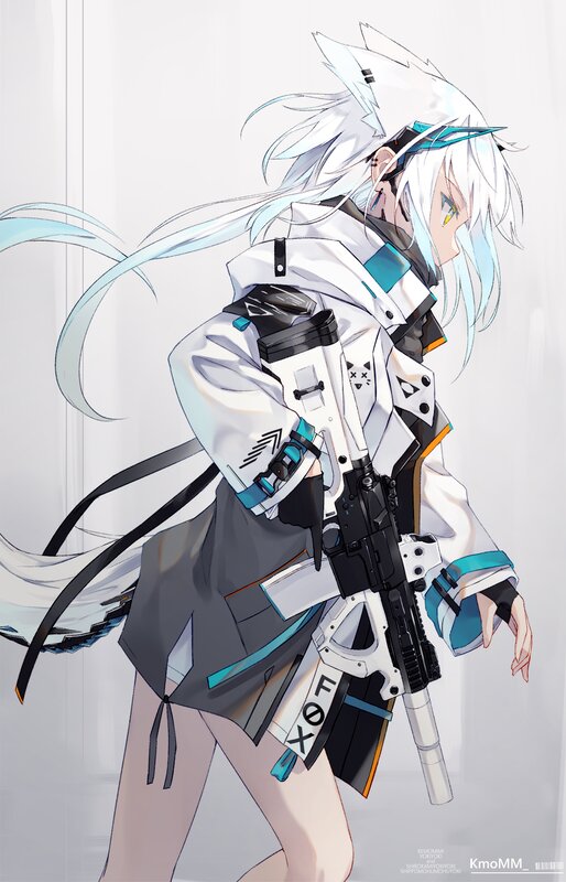 Anime Girl with Rifle — White, Dramatic, Digital Art, White Hair