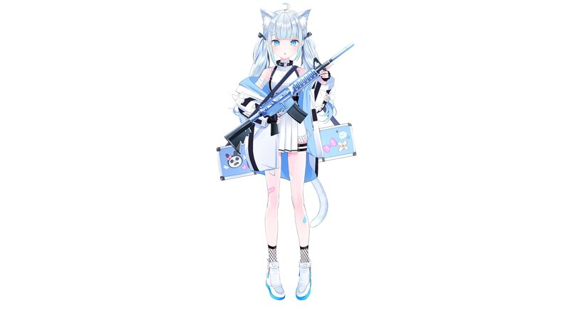 Anime Girl with Rifle — White, Neutral, Digital Art, Cat Ears