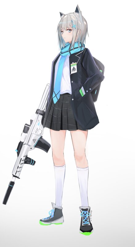Anime Girl with Rifle — White, Neutral, Digital Art, School Uniform, Cat Ears