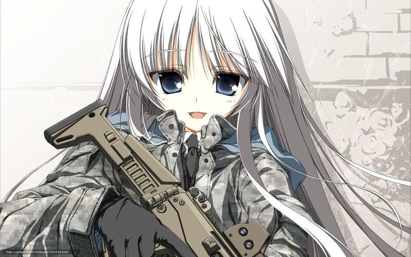 Anime Girl with Rifle — White, Neutral, Long Hair