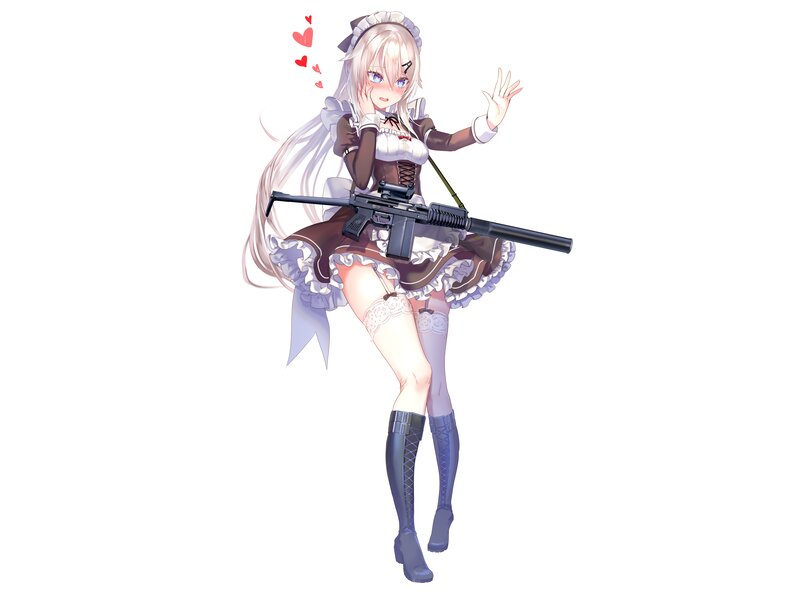 Anime Girl with Rifle — White, Playful, Digital Art, Hearts