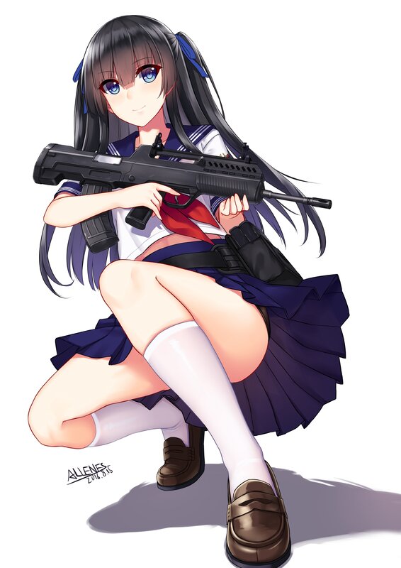 Anime Girl with Rifle — White, Playful