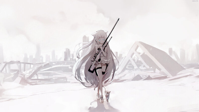 Anime Girl with Rifle — White, Somber