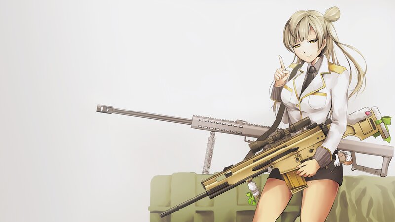 Anime Girl with Rifles — White, Confident