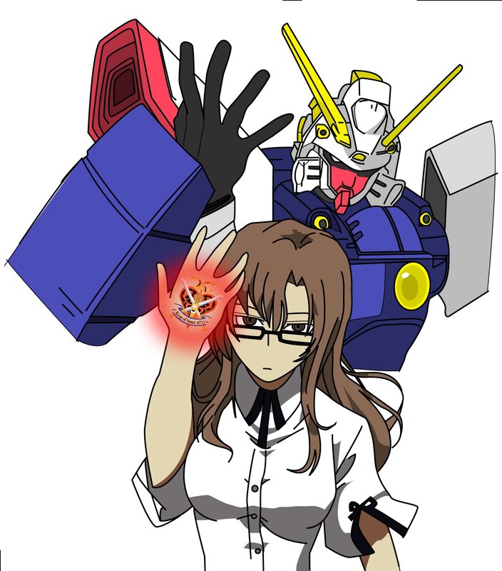 Anime girl with robot and hand symbol