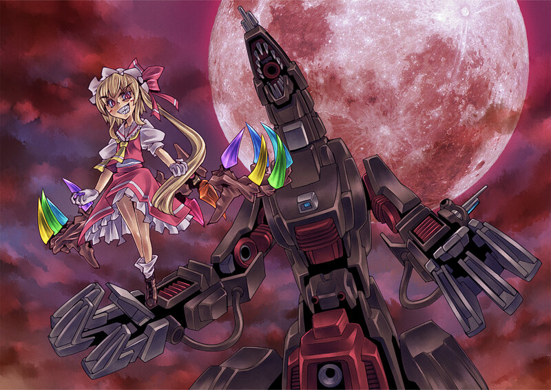 Anime girl with robot and red moon