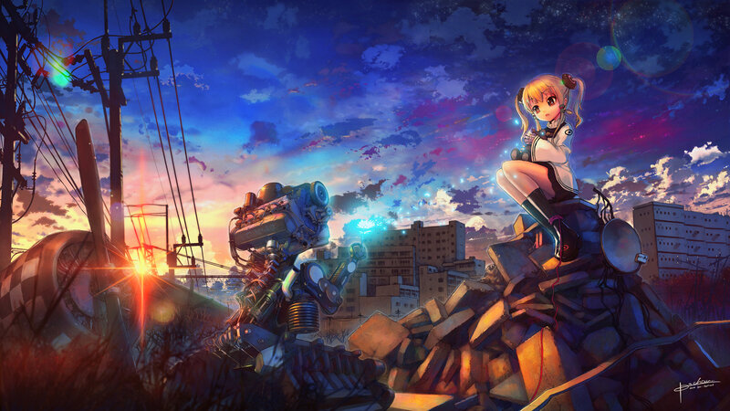 Anime girl with robot at sunset