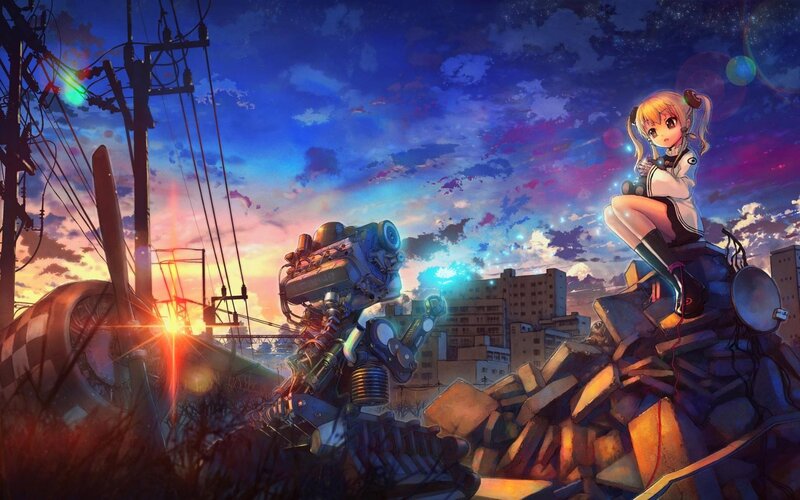 Anime Girl with Robot — Blue, Dramatic, Sunset, Digital Art