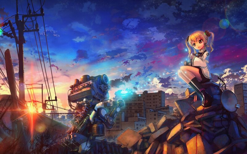 Anime Girl with Robot — Blue, Dramatic, Sunset