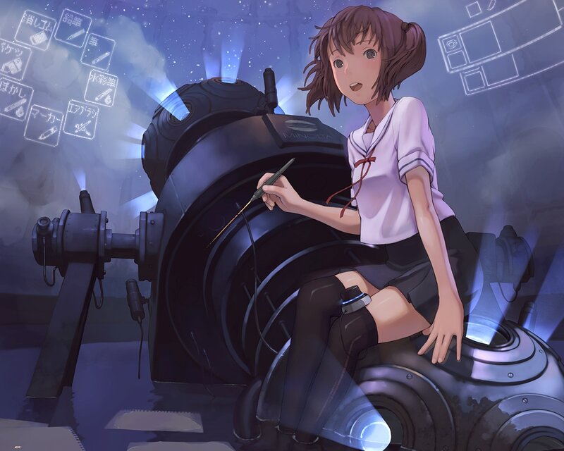 Anime Girl with Robot — Blue, Dramatic