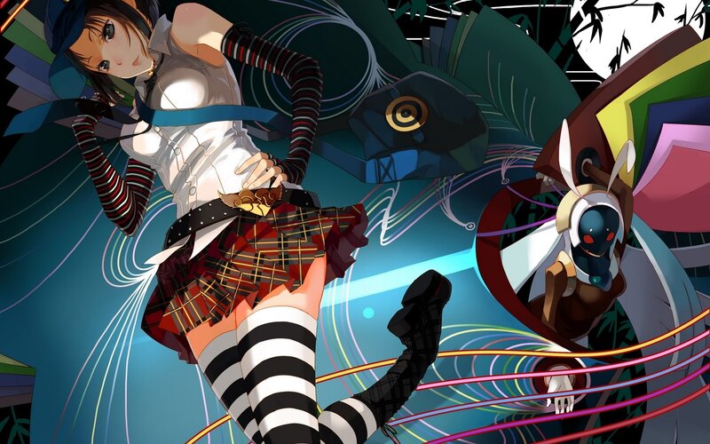 Anime Girl with Robot — Blue, Dynamic, Night, Digital Art, Plaid Skirt