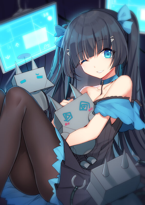 Anime Girl with Robot — Blue, Playful, Night