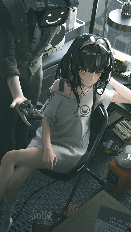 Anime Girl with Robot — Gray, Calm