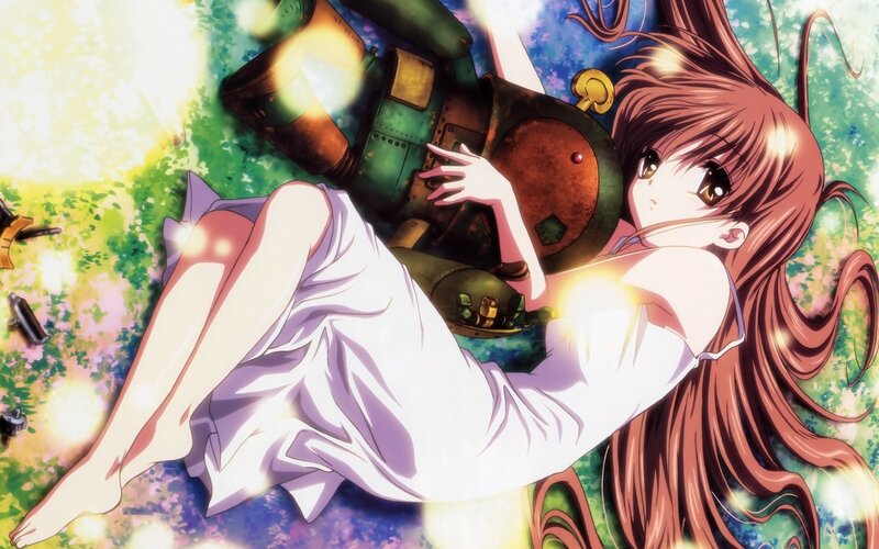 Anime girl with robot in field