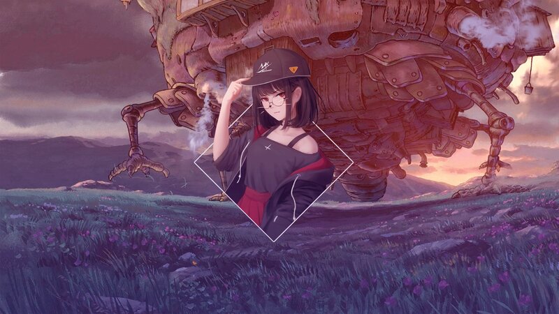 Anime Girl with Robot — Purple, Dramatic, Sunset