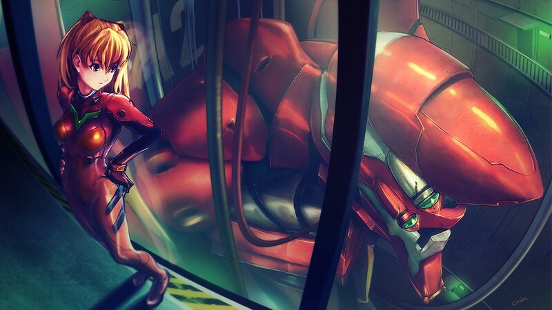 Anime Girl with Robot — Red, Dramatic