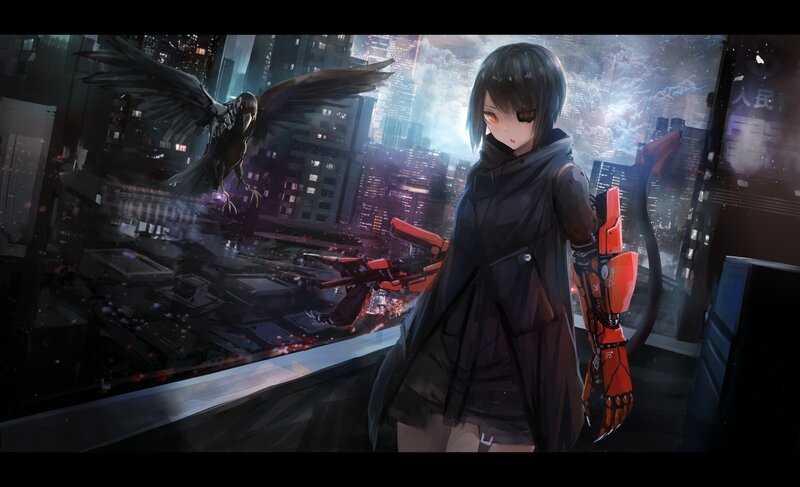 Anime Girl with Robotic Arm — Black, Dramatic