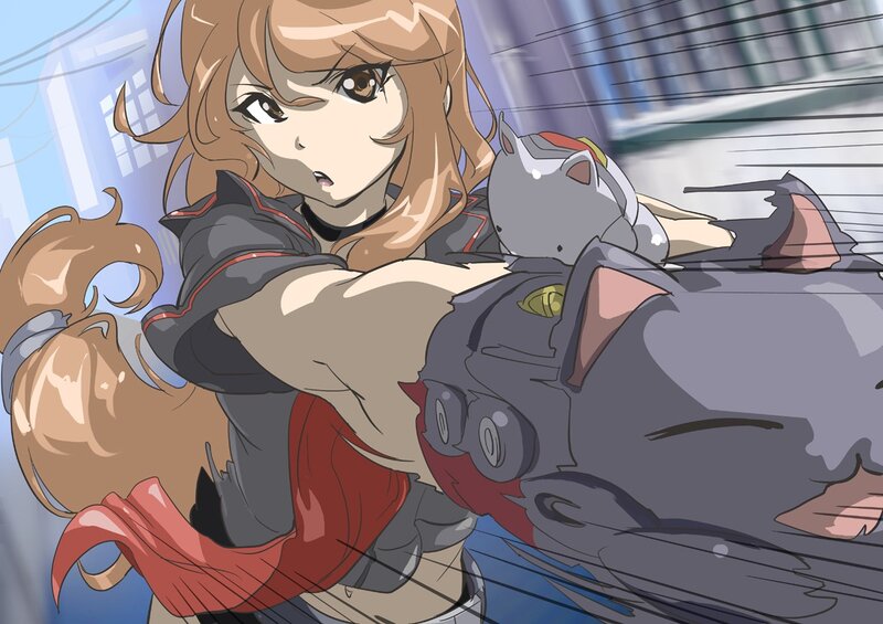 anime girl with robotic cat