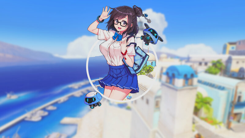 Anime Girl with Robots — Blue, Cheerful