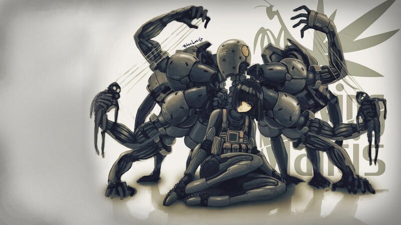 Anime Girl with Robots — Gray
