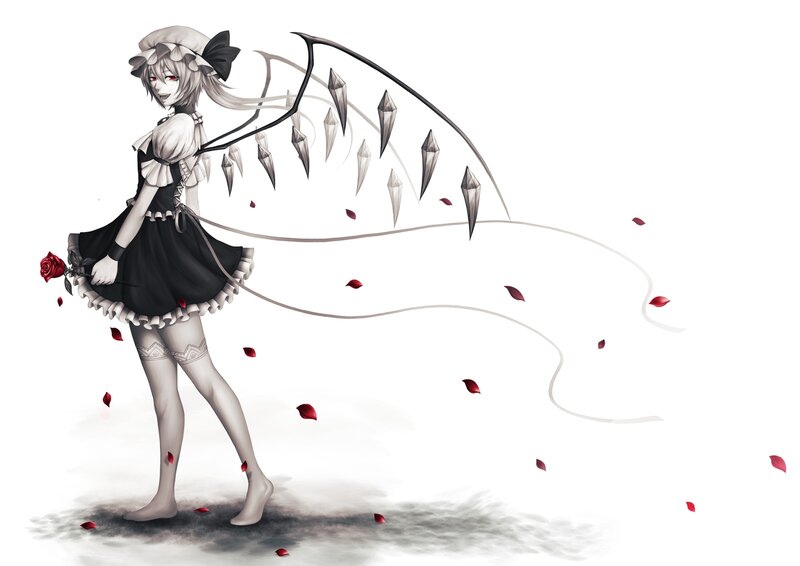 Anime Girl with Rose — Black, Dramatic, Digital Art, Petals