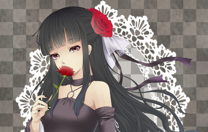 Anime Girl with Rose — Black, Dramatic