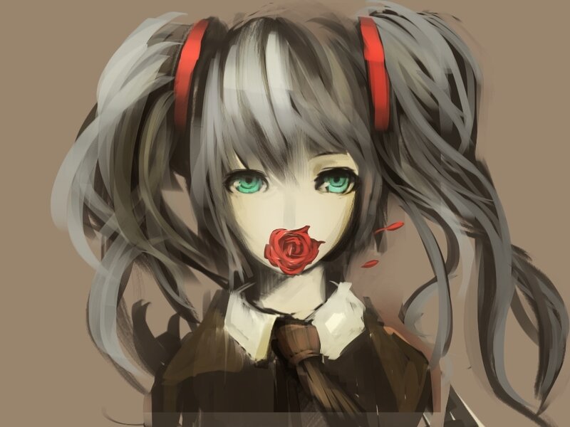 Anime Girl with Rose — Gray