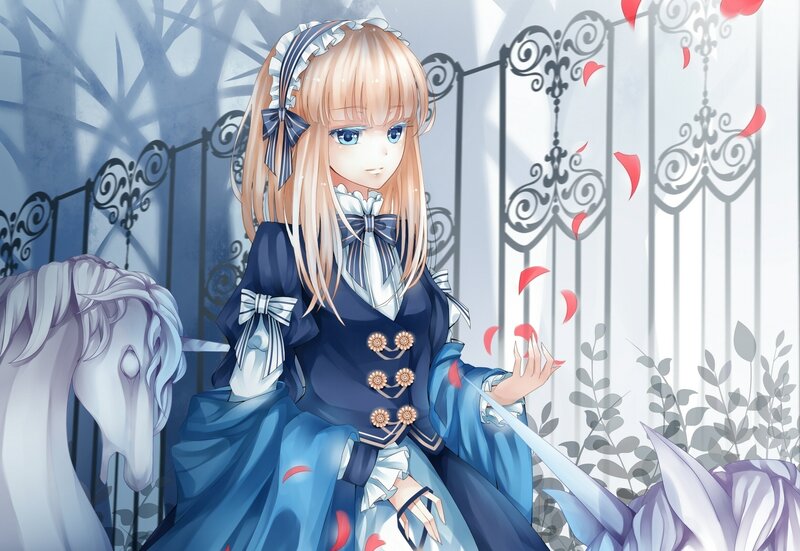 anime girl with rose petals