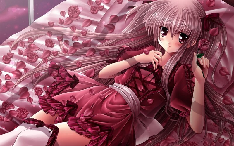 anime girl with rose petals