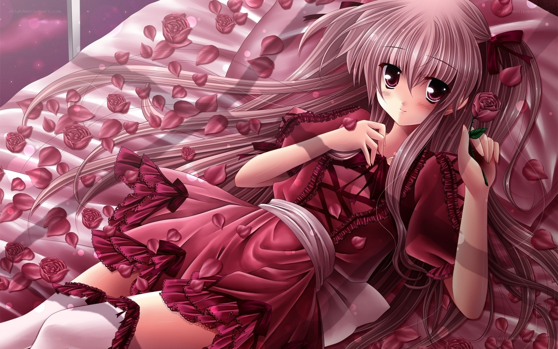 anime girl with rose petals