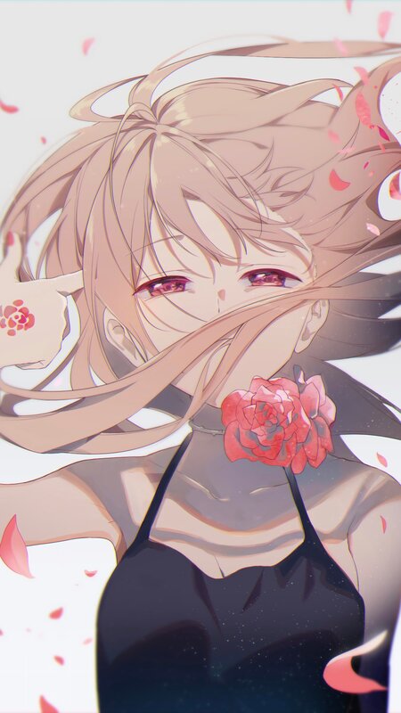 Anime Girl with Rose — Pink, Serene, Digital Art, Petals