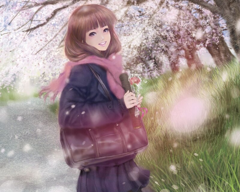 Anime Girl with Rose — Pink, Serene, Spring