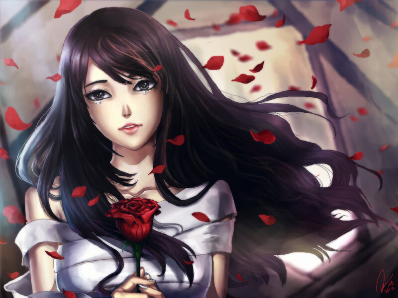 Anime Girl with Rose — White, Dramatic, Digital Art