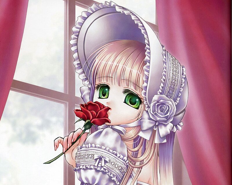 Anime Girl with Rose — White, Serene